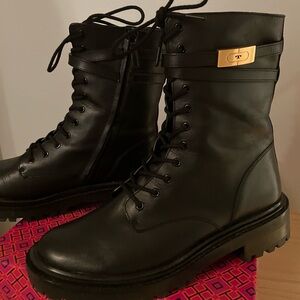 Tory Burch T Hardware Combat Boot new with box Black Leather Gold buckle size 11